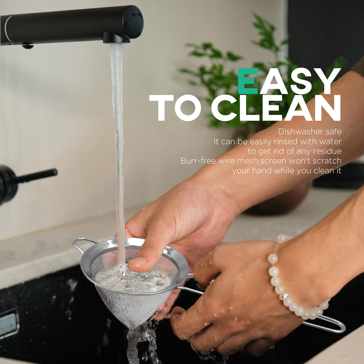 Homestia conical mesh design minimizes spills when straining over cups.
