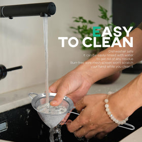 Homestia conical mesh design minimizes spills when straining over cups.