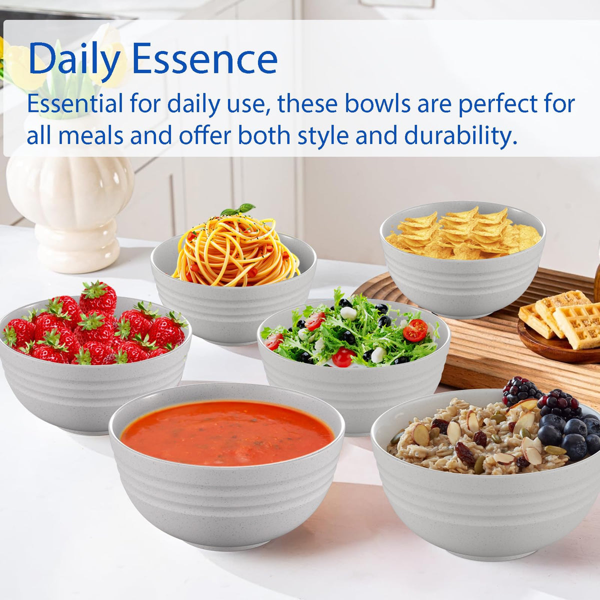 Homestockplus beige wheat straw bowls shown on table, eco friendly