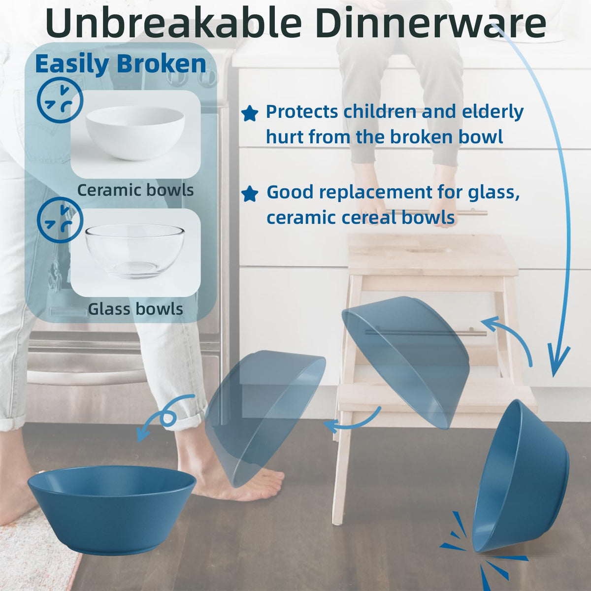 Homestockplus flat-bottom stackable design bowls save cabinet space.