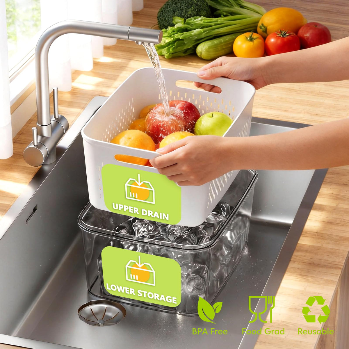 HOMETALL removable colanders for washing and draining fresh produce.