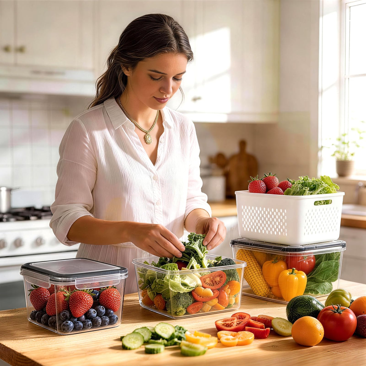 HOMETALL versatile fridge organizers ideal for berries, lettuce, and meat prep.