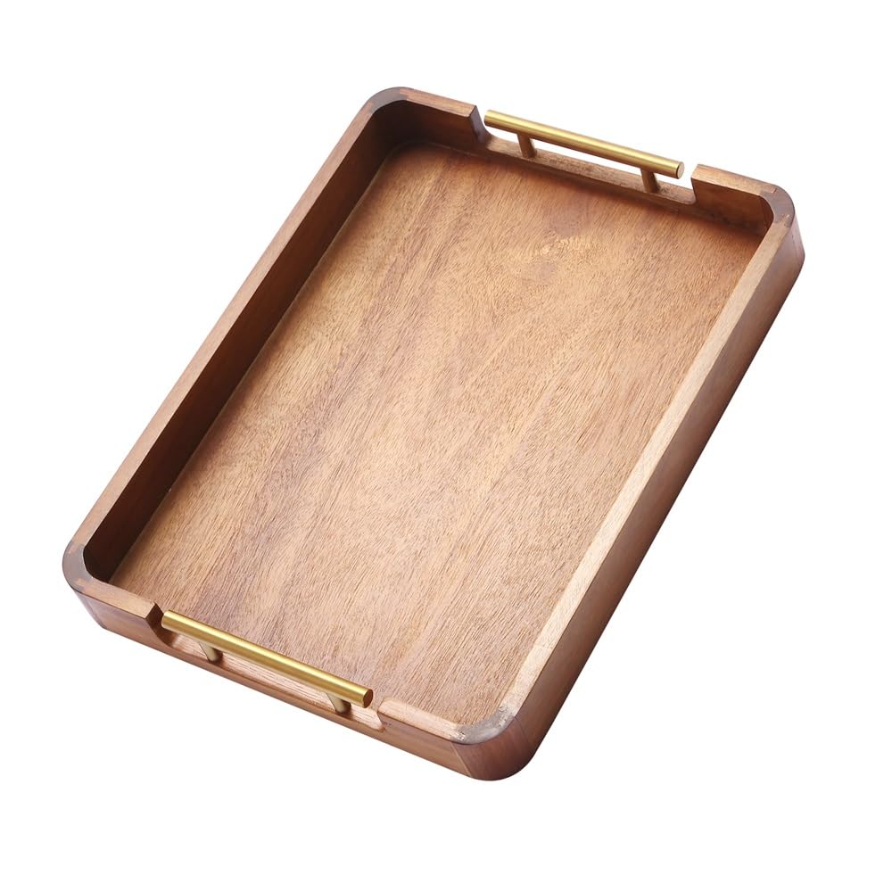 Homeumi Acacia wood serving tray with handles, 17x13, highlighting durable construction and natural grain.