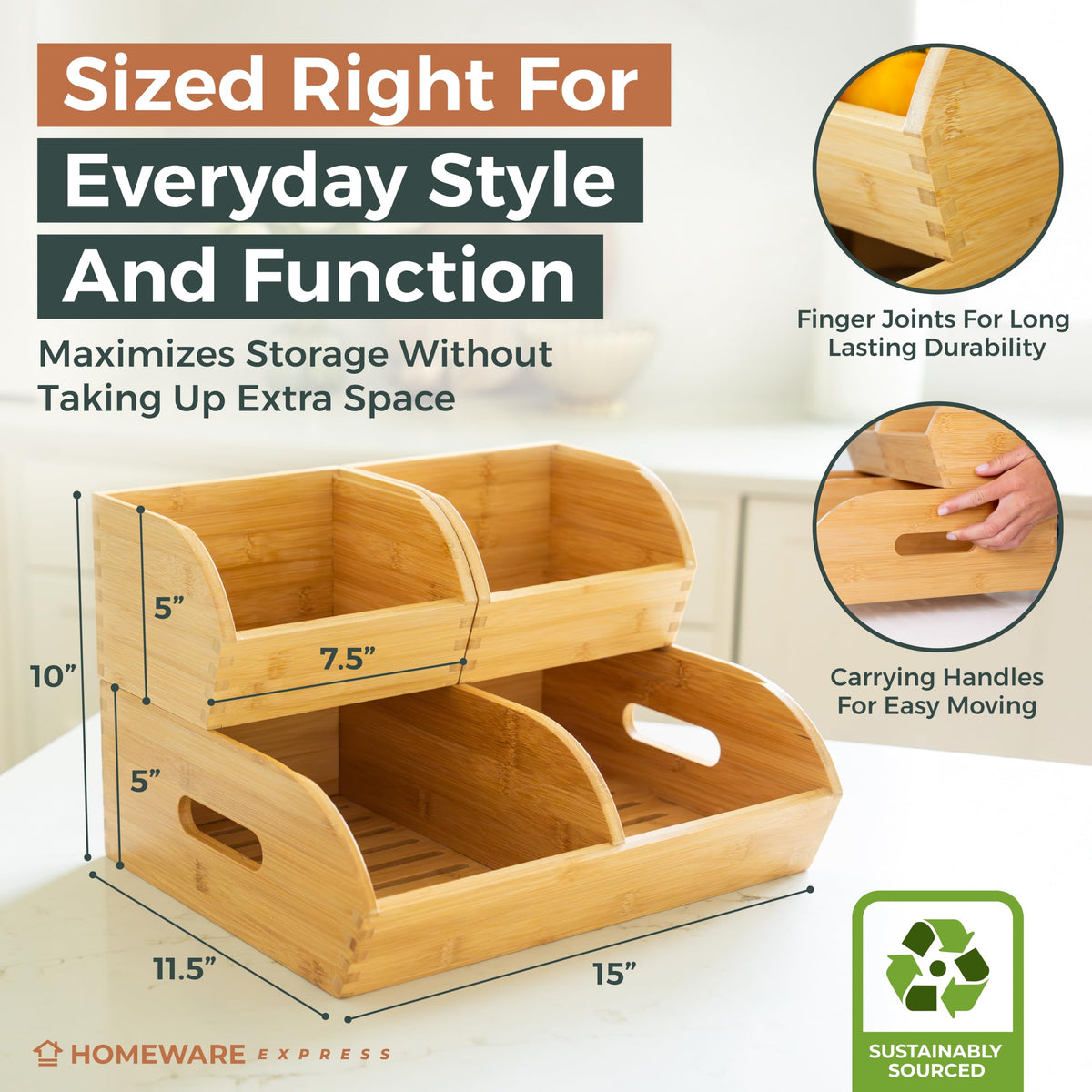 Homeware Express bamboo bin small side view shows versatile stacking options.