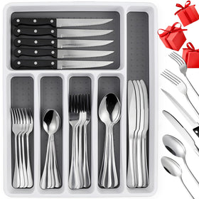 Homewarm 49-piece silverware set organized in the drawer organizer for tidy storage.