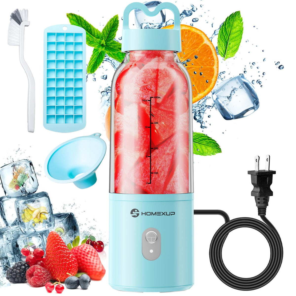 HOMEXUP portable blender with blue body ready for on-the-go smoothies