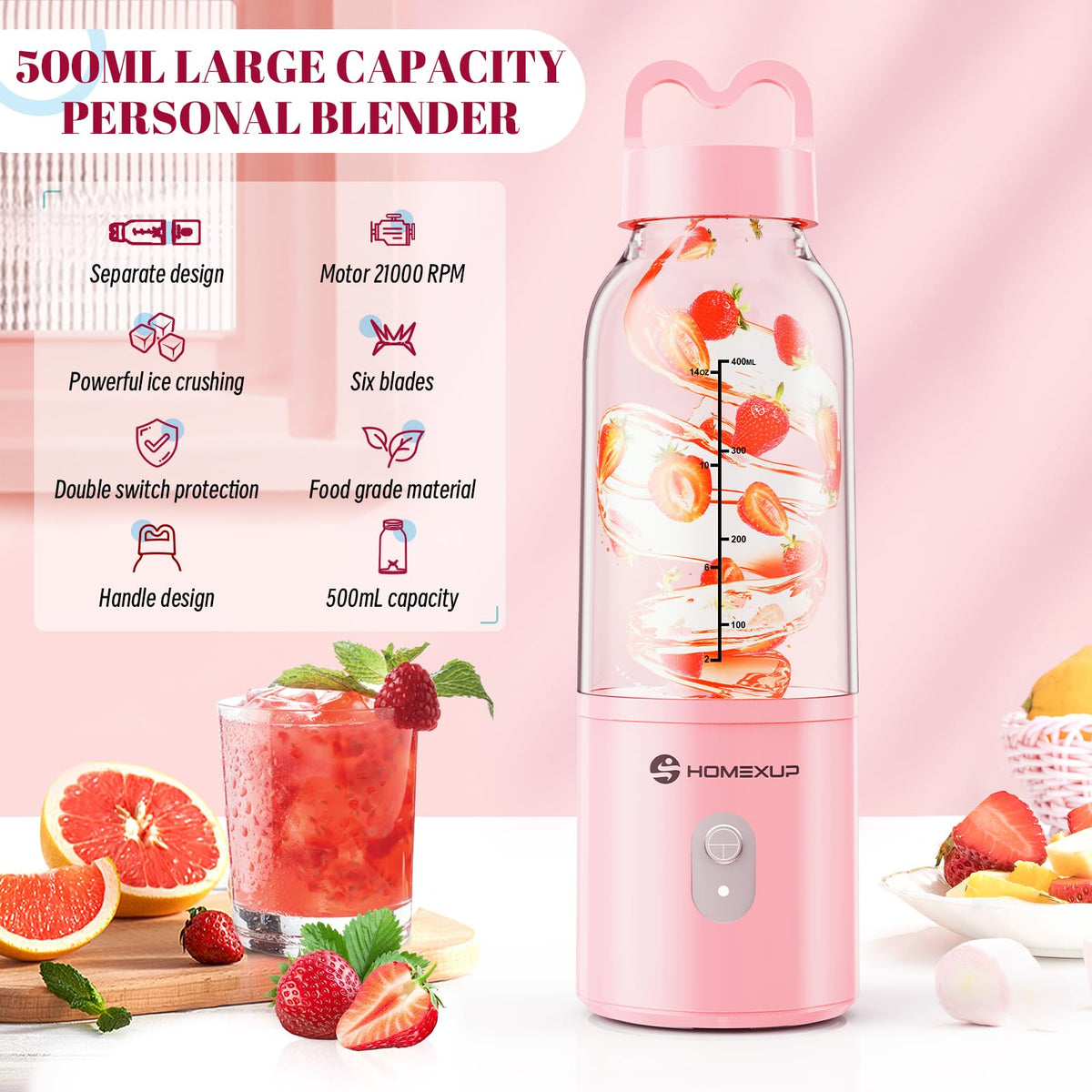HOMEXUP pink blender with detachable cup for easy cleaning.