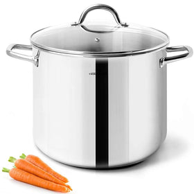HOMICHEF 10 Qt stock pot with mirror-polished exterior enhances kitchen presentation and cleaning ease.