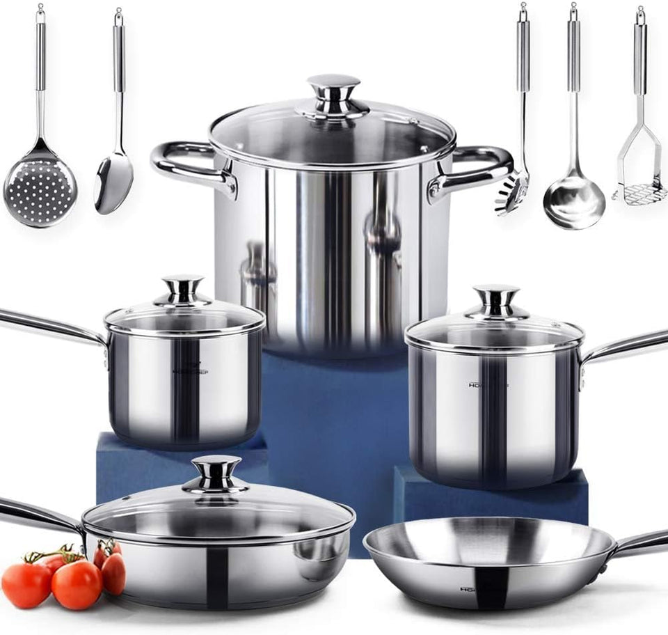 HOMICHEF 14-piece nickel-free cookware set shown with versatile everyday use