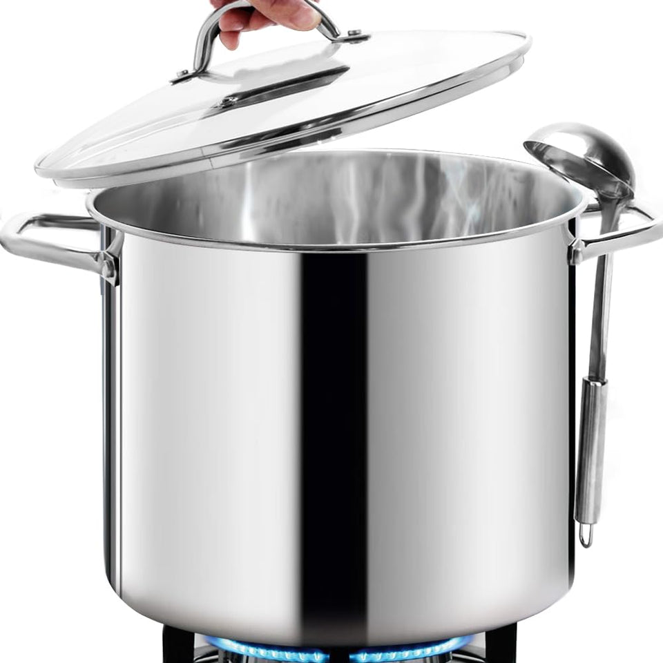 HOMICHEF 20 Qt stockpot with lid in nickel-free stainless steel for large-batch cooking.