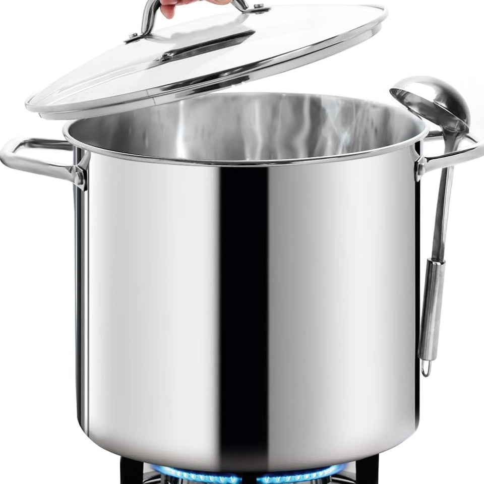 HOMICHEF 24qt stockpot with lid, polished exterior enhances kitchen presentation.