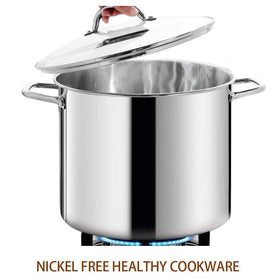 HOMICHEF nickel-free exterior with riveted handles for cool-to-touch operation.