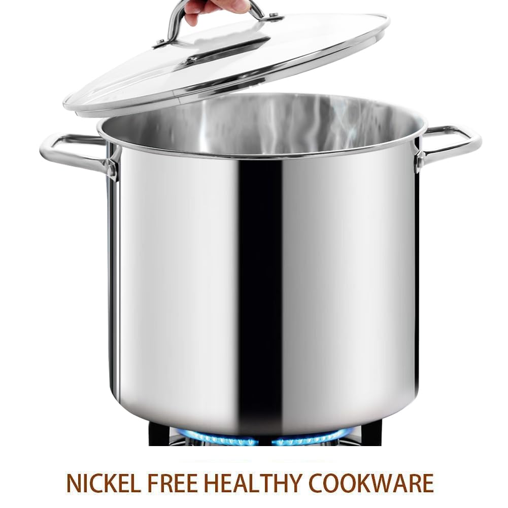 HOMICHEF nickel-free stainless steel stockpot with cool handles on stovetop.