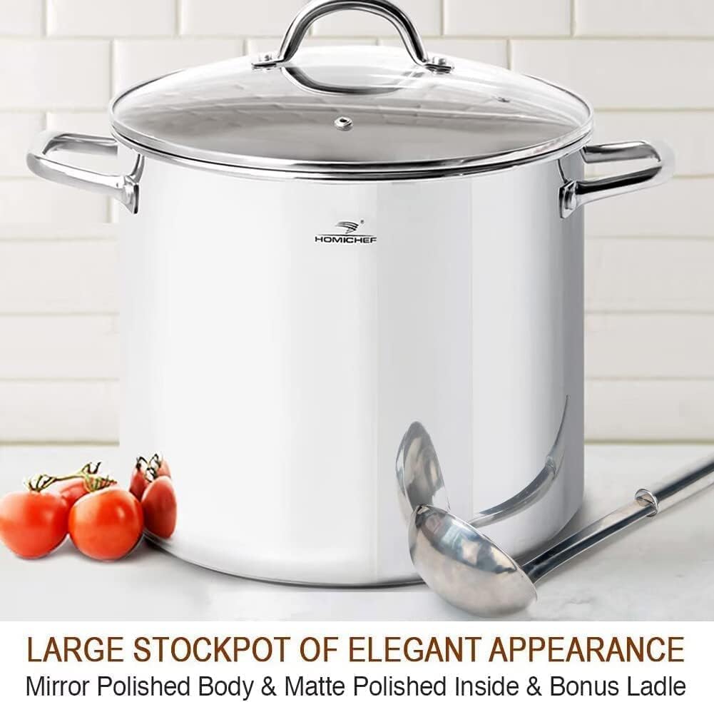HOMICHEF stockpot glass lid shows steam and allows monitoring without lifting.