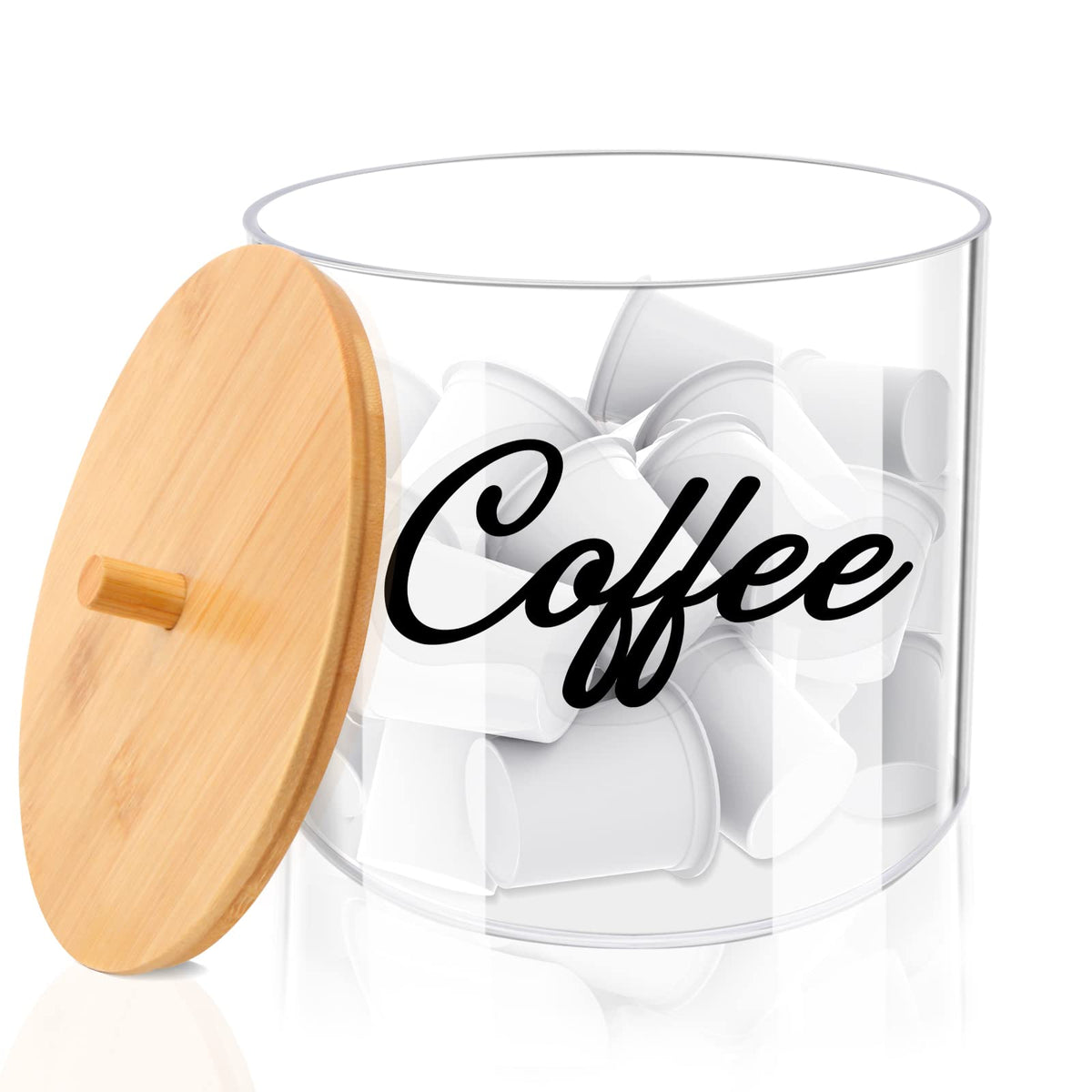 Homicozy coffee pod holder with bamboo lid displaying 80-ounce capacity.