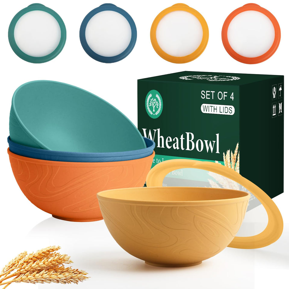 Homienly wheat straw bowls with lids show 40 oz capacity for family meals.