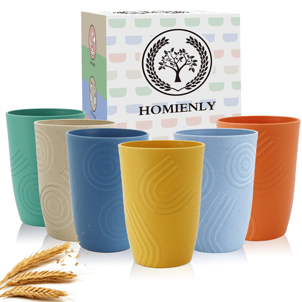 Homienly wheat straw cups 6-pack with textured grip for spill-resistant family dining.