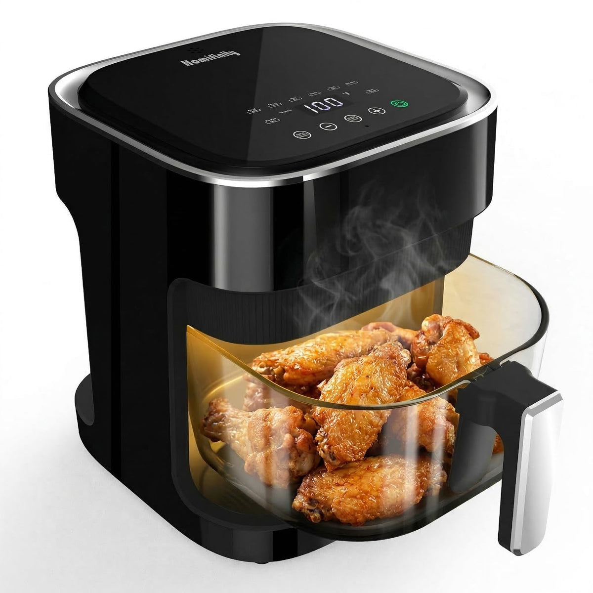 Homifinity Glass Air Fryer 4.5 Qt with 360-view basket enables precise monitoring.