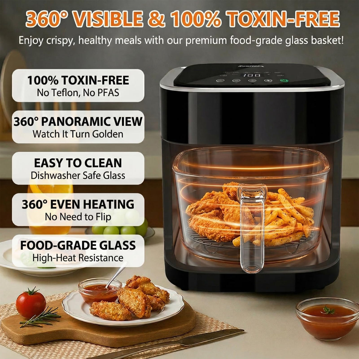Homifinity Glass Air Fryer offers 8-in-1 presets for quick, versatile meals.