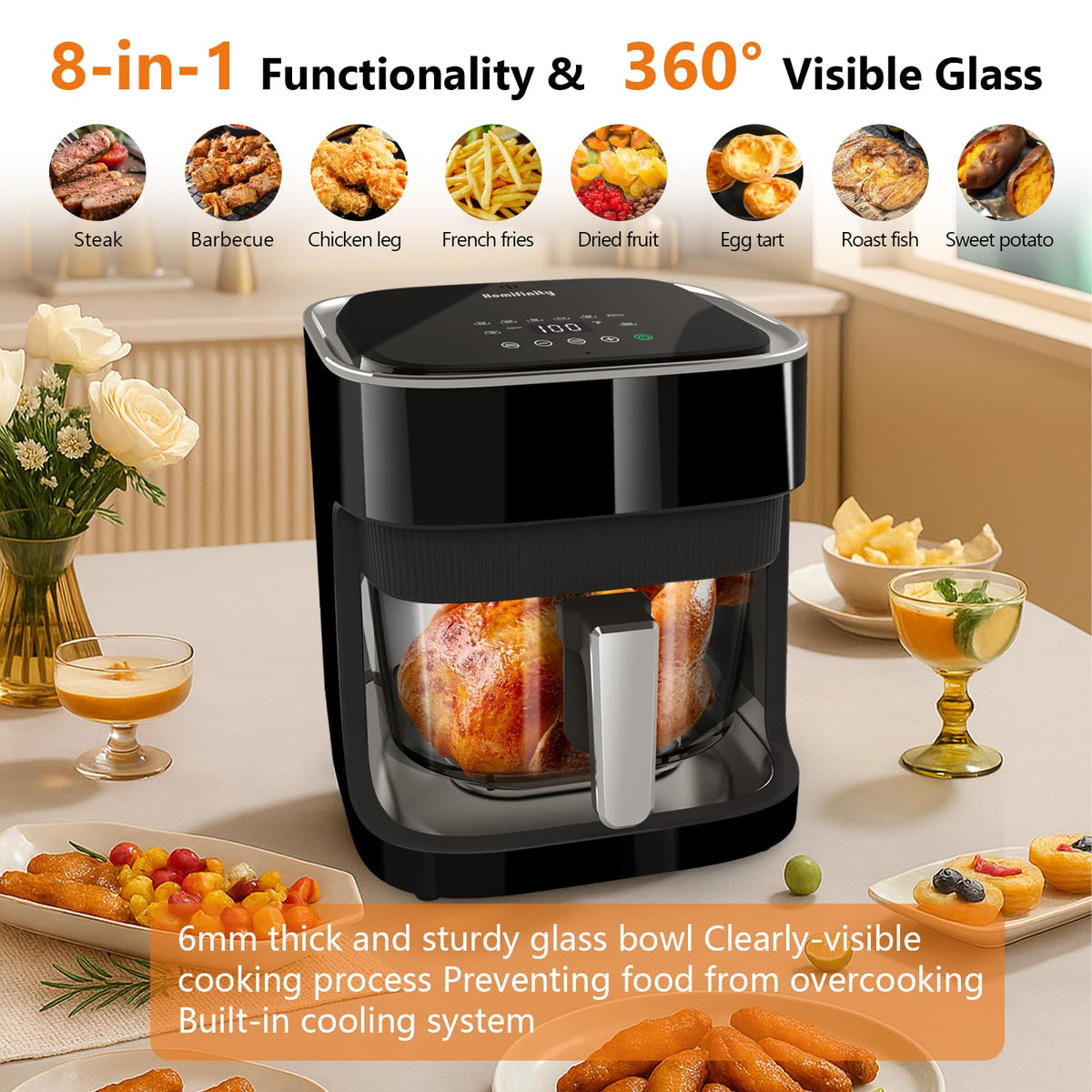 Homifinity Glass Air Fryer borosilicate glass basket provides non-toxic, chemical-free cooking insights.
