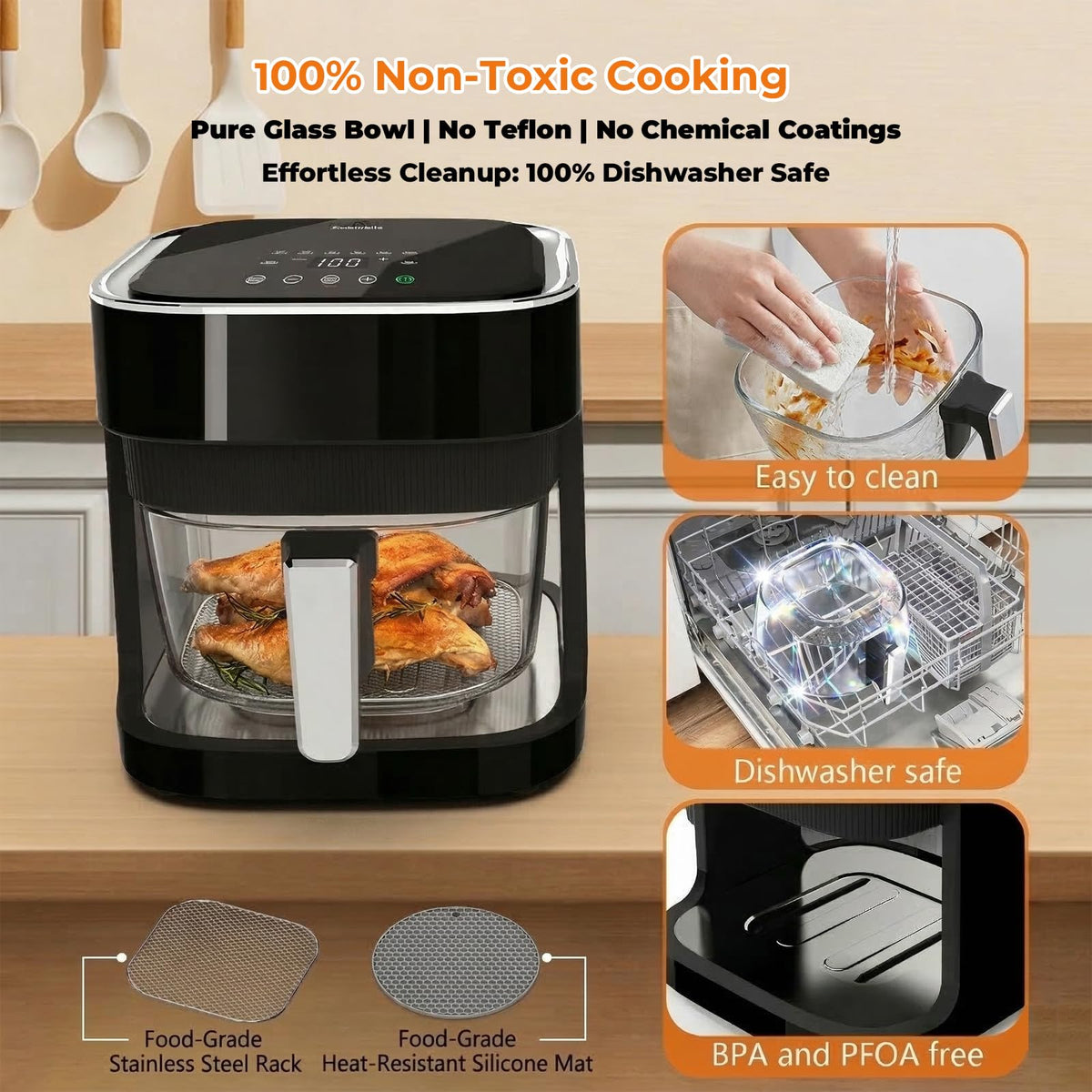 Homifinity Glass Air Fryer shows dishwasher-safe components for effortless cleanup after meals.