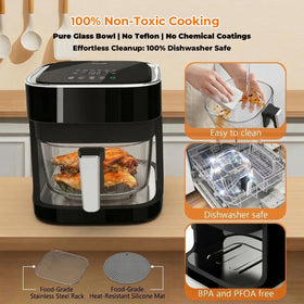 Homifinity Glass Air Fryer shows dishwasher-safe components for effortless cleanup after meals.