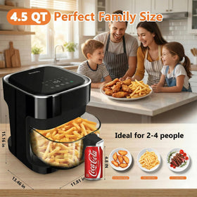 Homifinity Glass Air Fryer 4.5 Qt with upgraded stainless steel tray for rust-free cooking.