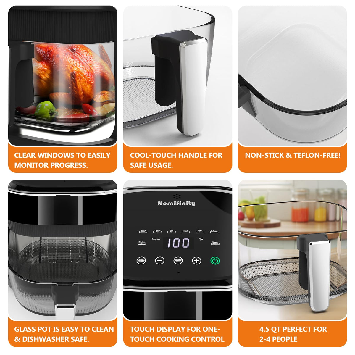 Homifinity Glass Air Fryer teflon-free design minimizes coatings and eases cleaning.