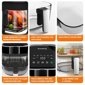 Homifinity Glass Air Fryer teflon-free design minimizes coatings and eases cleaning.
