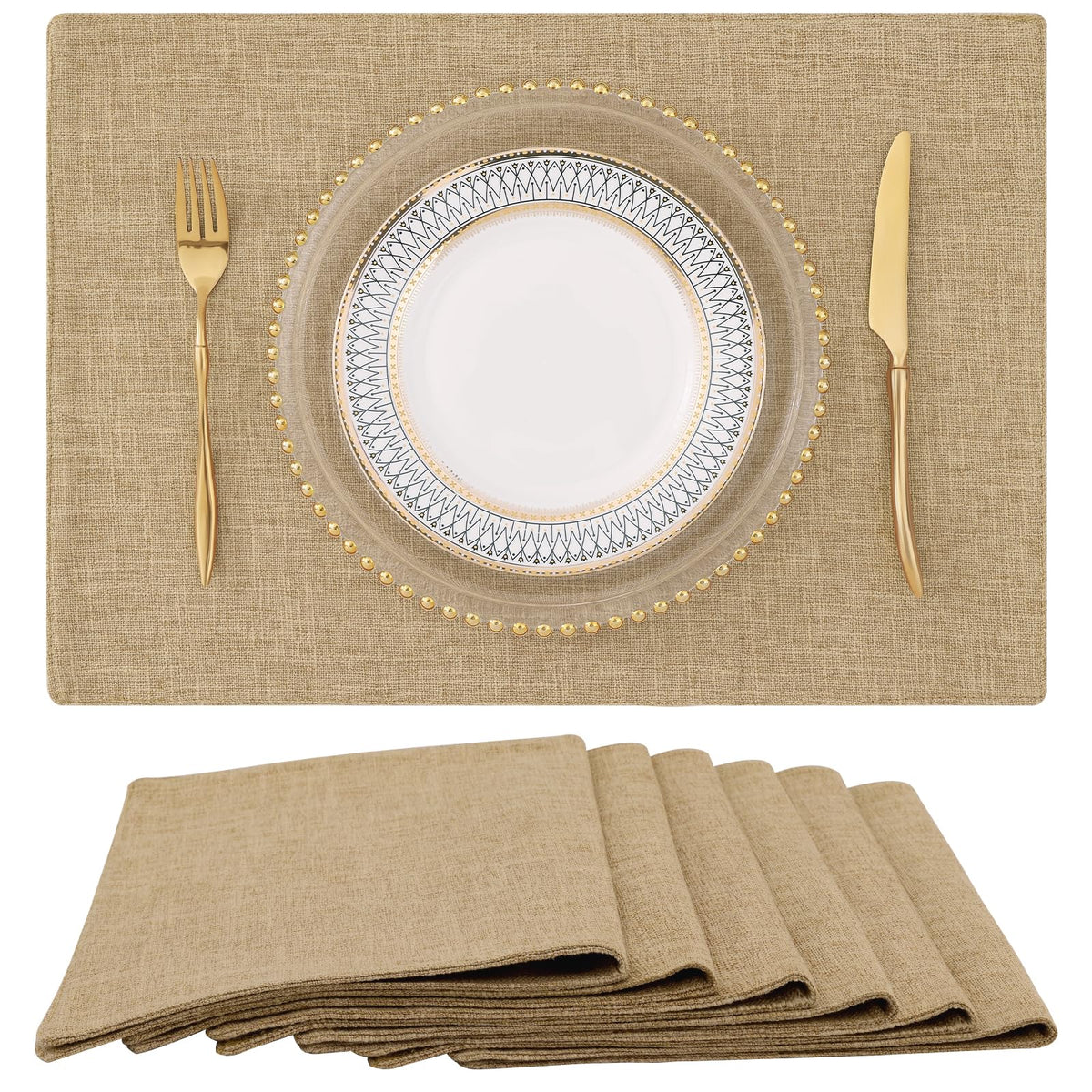 Homing cotton-linen placemats top view shows warm farmhouse style and surface protection