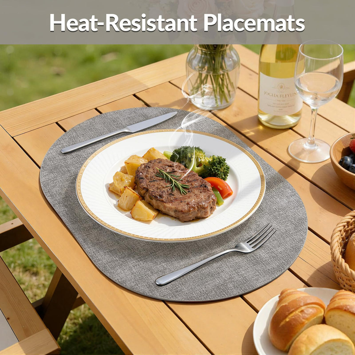 Homing placemats wipe clean with a damp cloth for easy care.