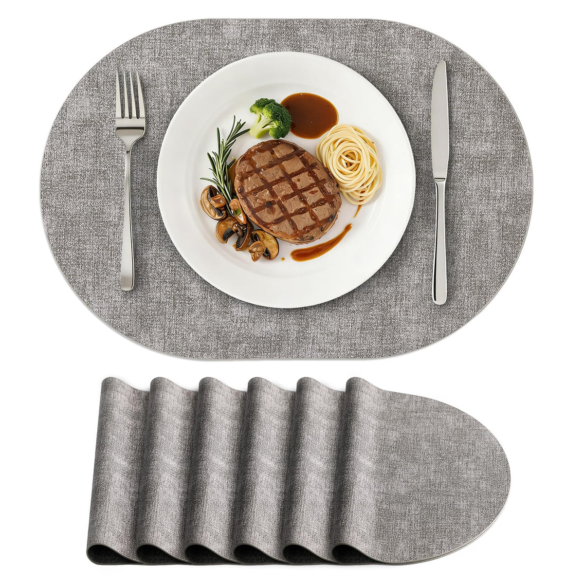 Homing oval placemats set shows heat resistance and table protection.
