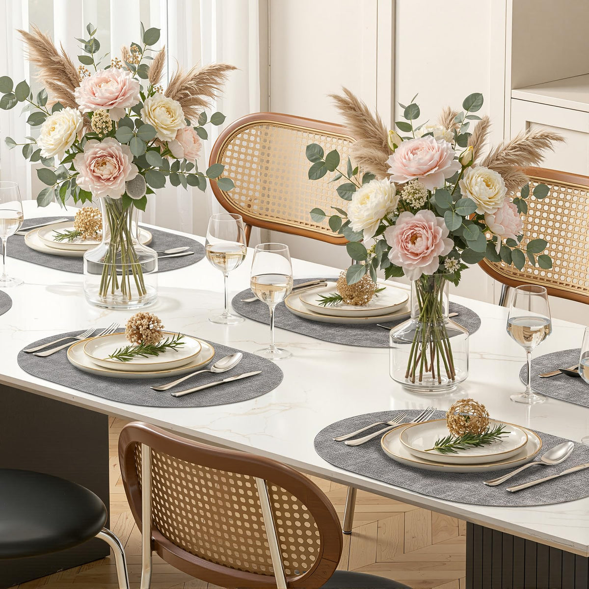 Homing light-grey placemats complement various dining decors.