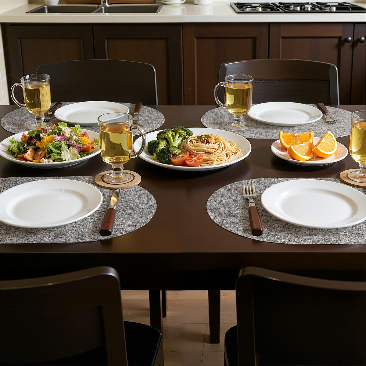 Homing placemats feature reversible woven texture for versatile styling.