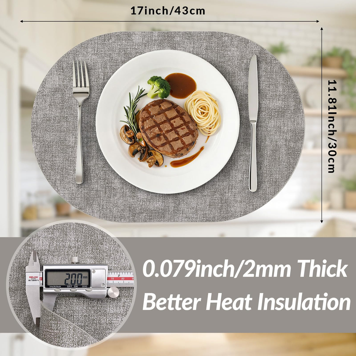 Homing oval placemats are waterproof to guard against spills.
