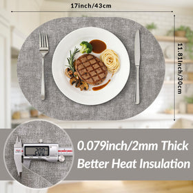 Homing oval placemats are waterproof to guard against spills.
