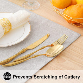 Homing placemats stacked neatly illustrating easy care and storage.