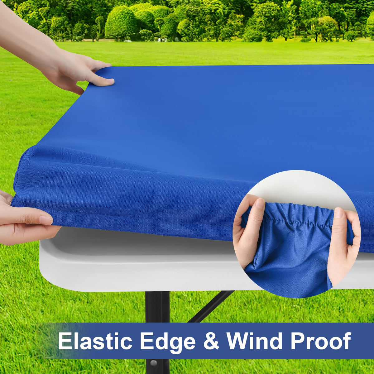 Homing waterproof tablecloth in blue protects surfaces from spills and stains.