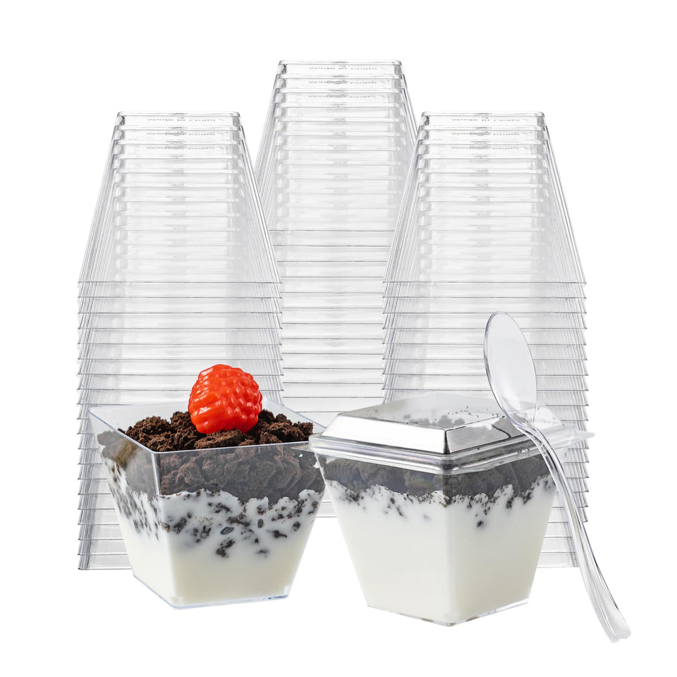 HOMIP dessert cups with lids and spoons, 60-pack, ideal for party desserts and neat transport.