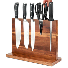 Homiqueen double sided magnetic knife block on countertop providing quick blade access
