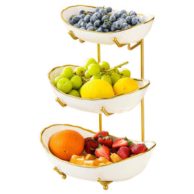 HOMKULA ceramic 3-tier fruit bowl with gold rim for organized countertop fruit storage.