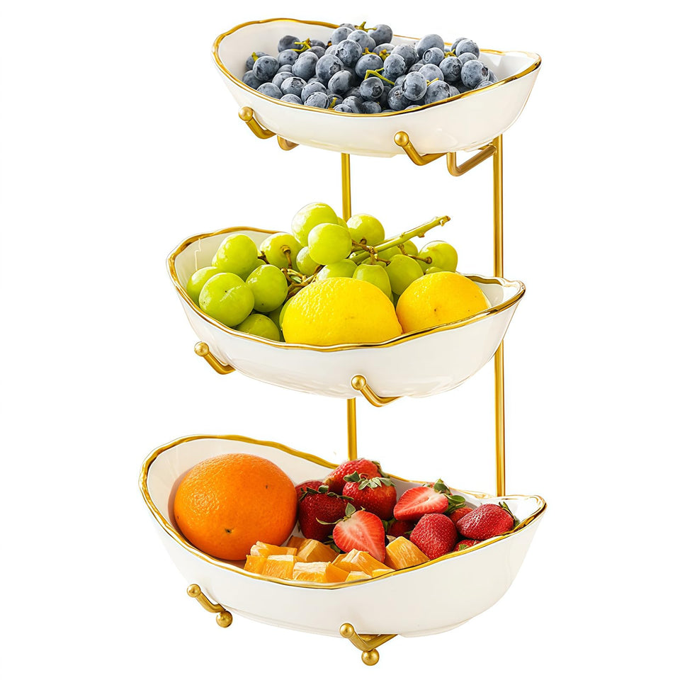 HOMKULA ceramic 3-tier fruit bowl with gold rim for organized countertop fruit storage.