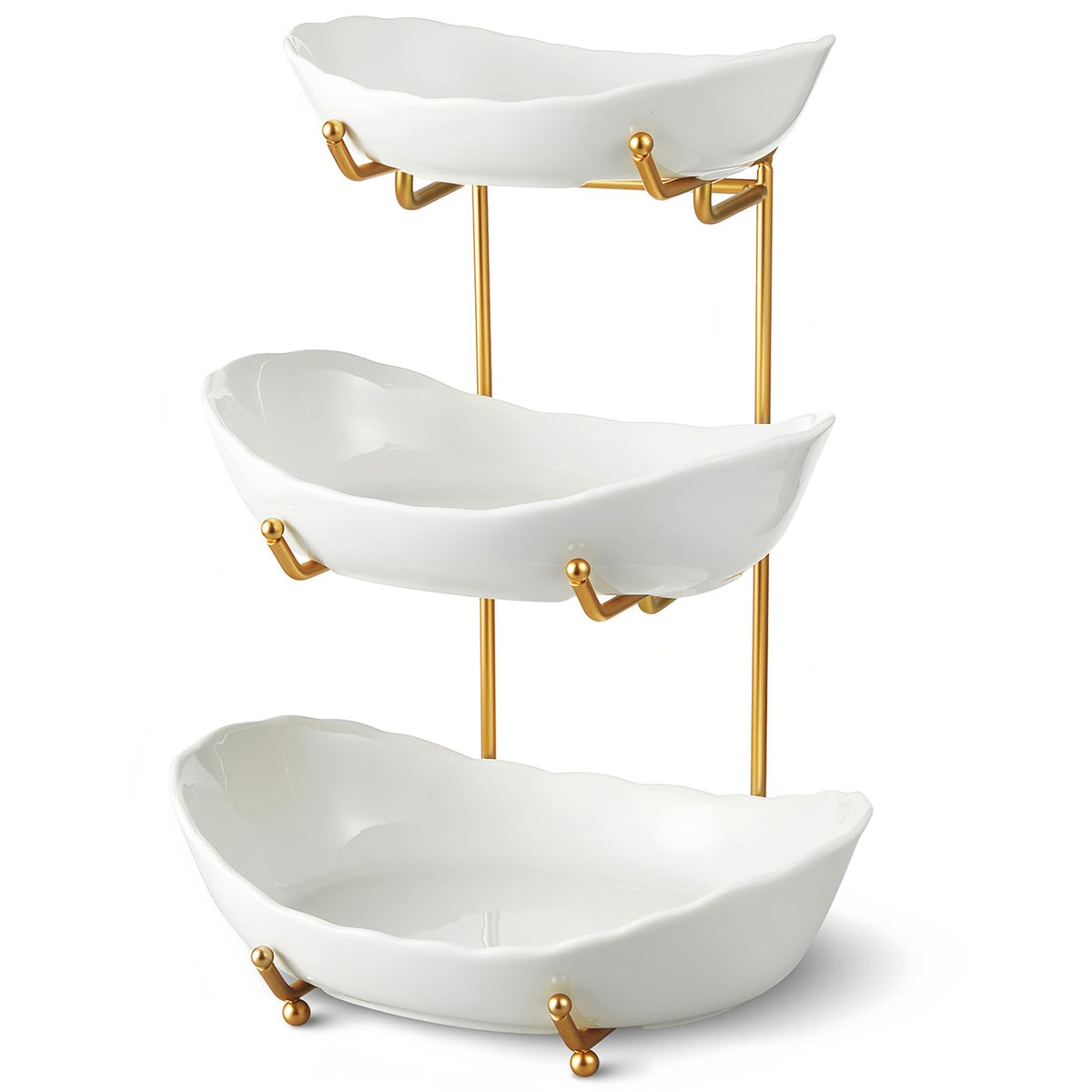 HOMKULA ceramic 3-tier bowl on gold stand for fresh fruit display on the counter