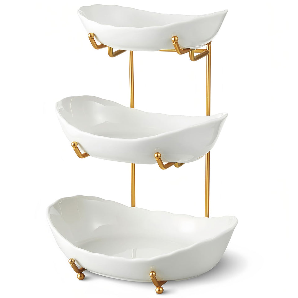 HOMKULA ceramic 3-tier bowl on gold stand for fresh fruit display on the counter