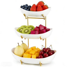 Homkula ceramic three tier fruit bowl with gold petal edge on stand for counter display