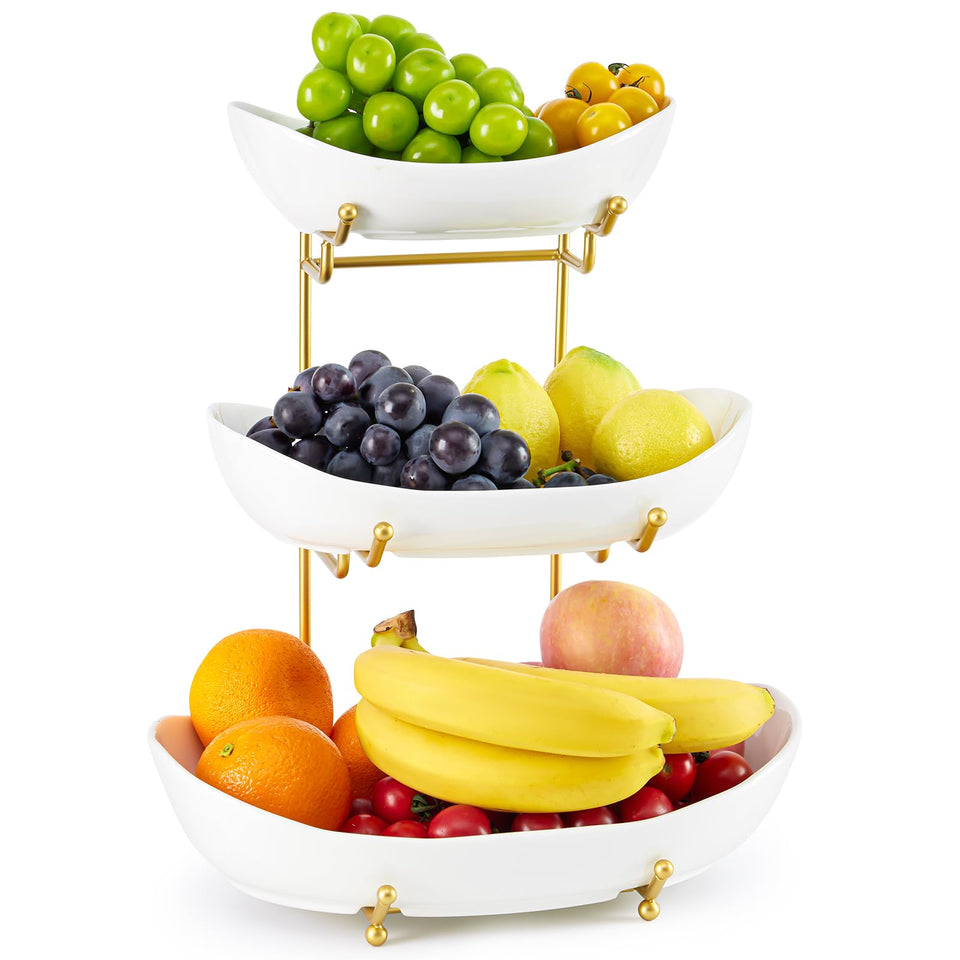HOMKULA ceramic 3-tier fruit bowl on counter showcasing organized fruit