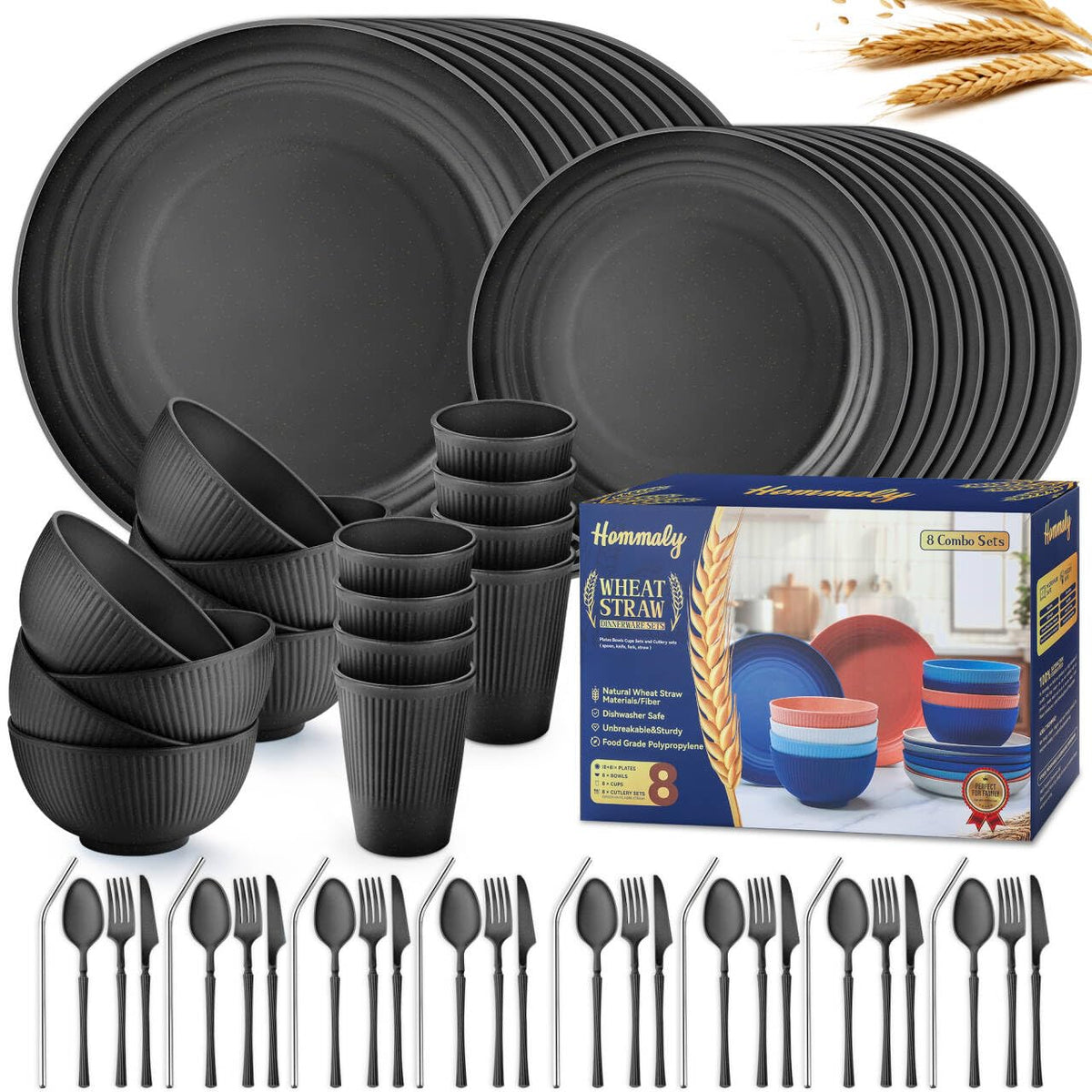 Hommaly 64-piece black wheat straw dinnerware set ready for everyday meals and travel use