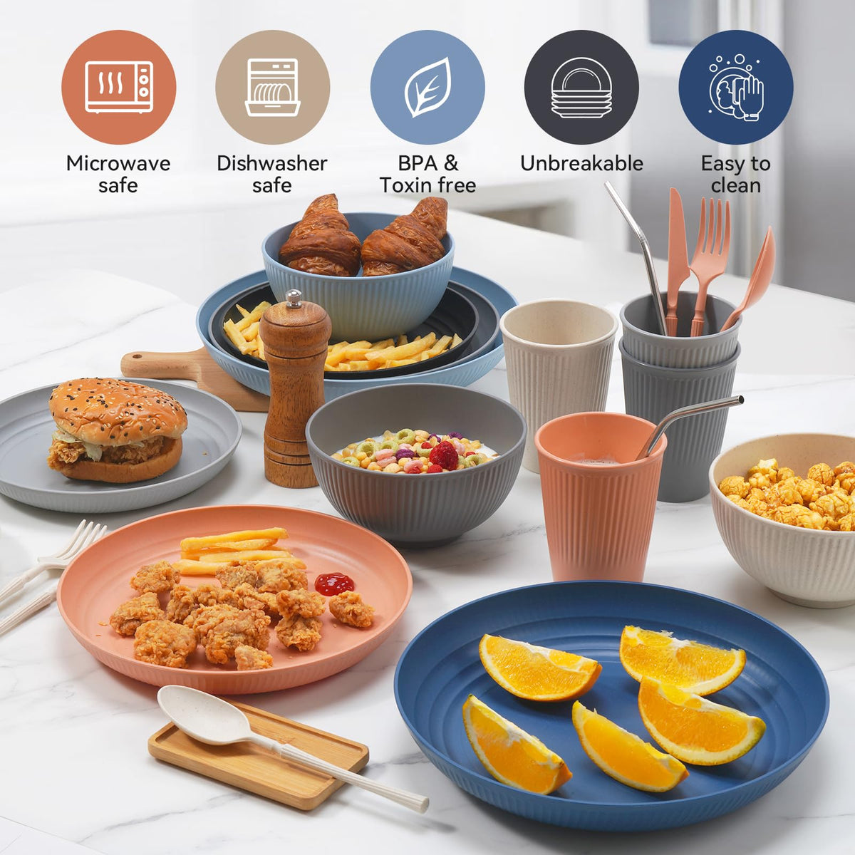 Hommaly beige unbreakable-looking dinnerware shown as kid-friendly and durable.