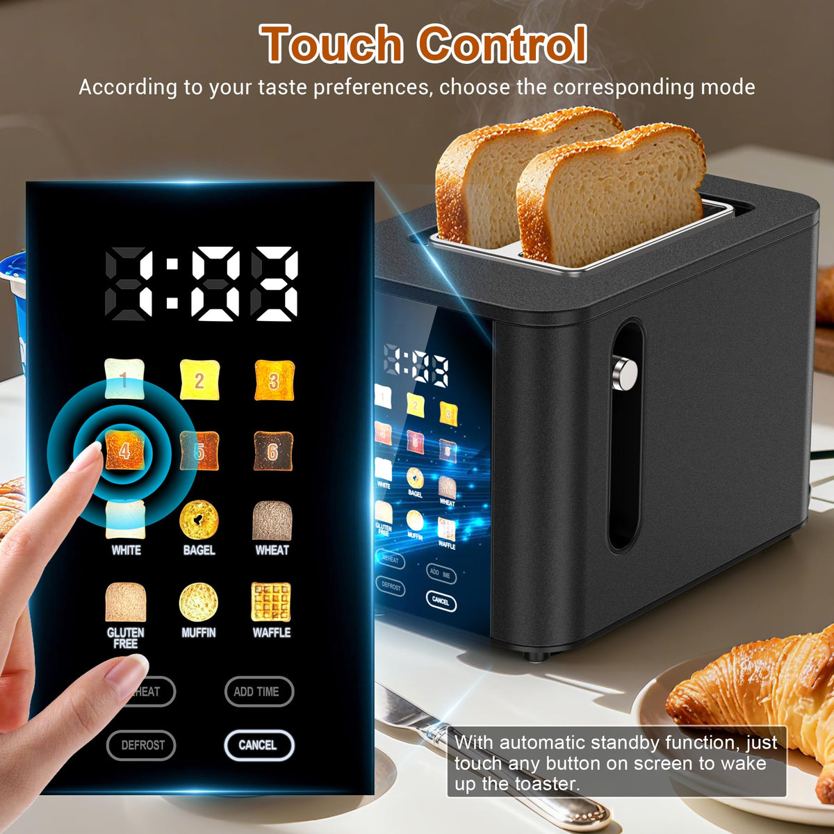 Hommater display countdown on toaster for easy timing and consistent results.