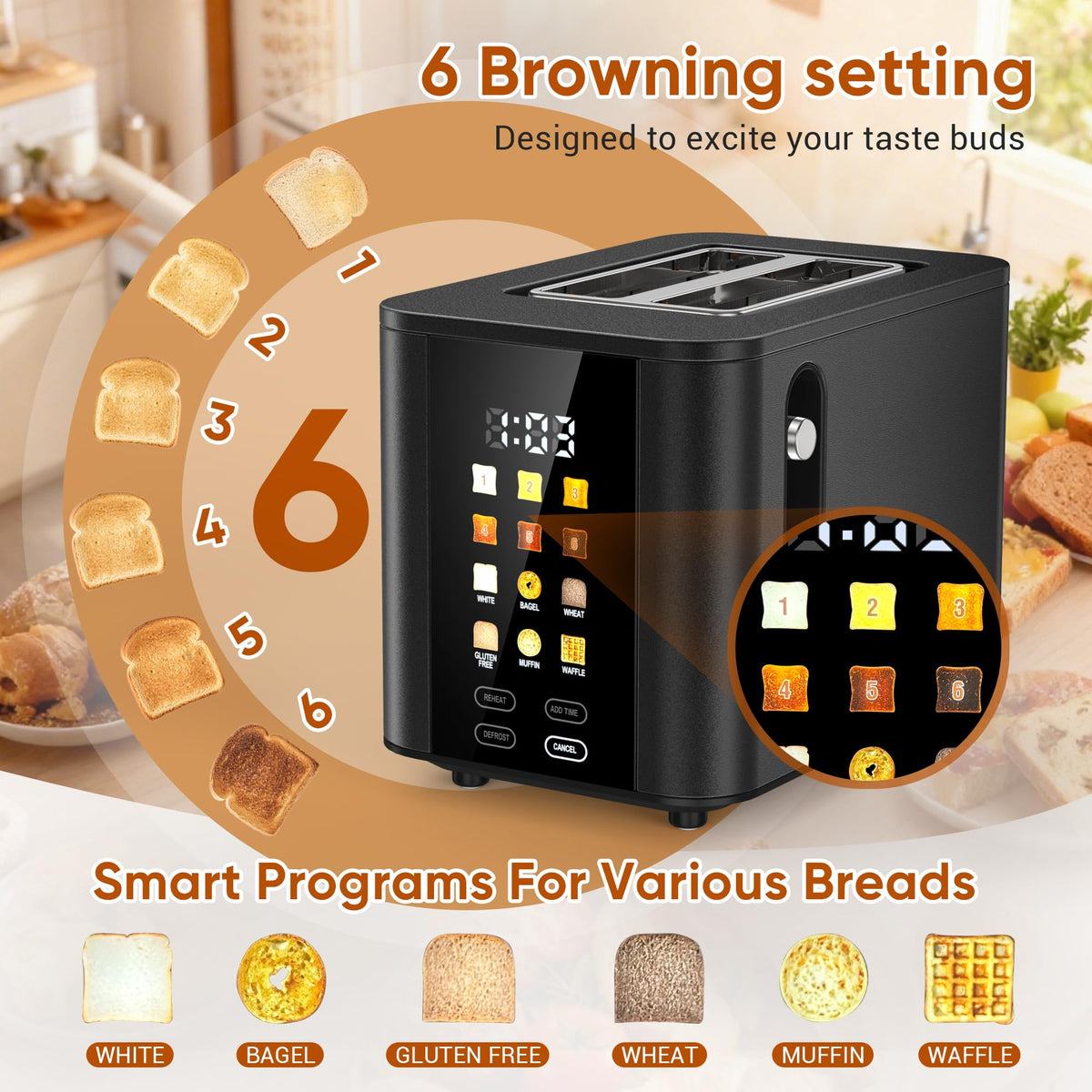 Hommater reheat, defrost, add-time, and cancel features for versatile toasting.